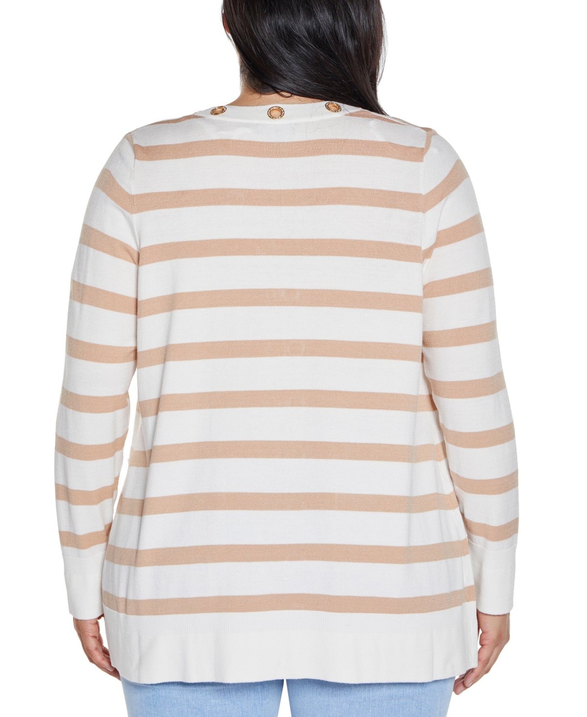 BELLDINI PLUS SIZE BLACK LABEL RHINESTONE GROMMET STRIPED OPEN-FRONT CARDIGAN SWEATER 