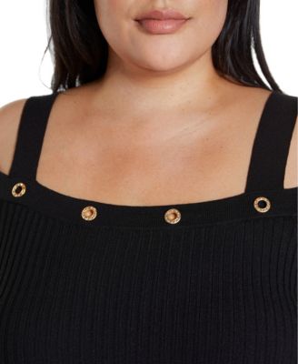 Plus Size Black Label  Rhinestone Grommet Cold-Shoulder Sweater