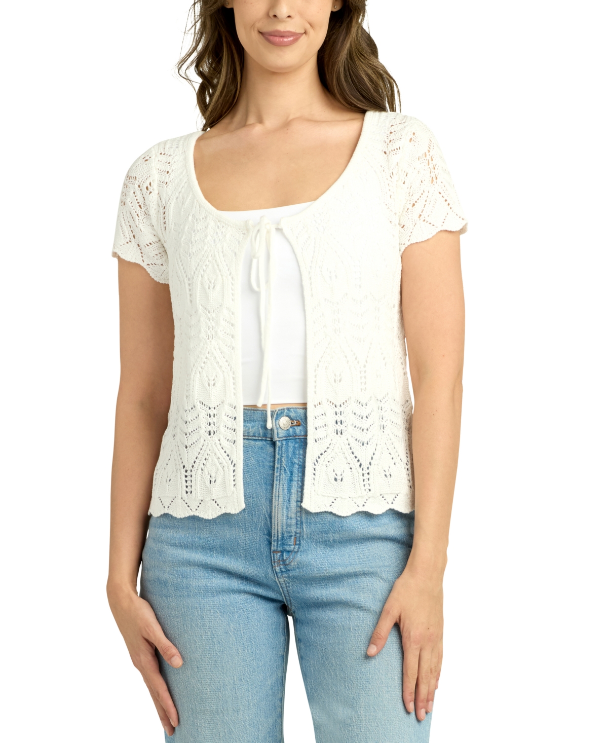 Bcx Juniors' Scalloped Pointelle Short-sleeve Cardigan In Off White