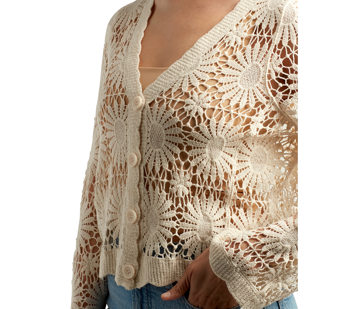 Bcx Juniors' Crochet V-neck Flare-sleeve Cardigan In Ivory