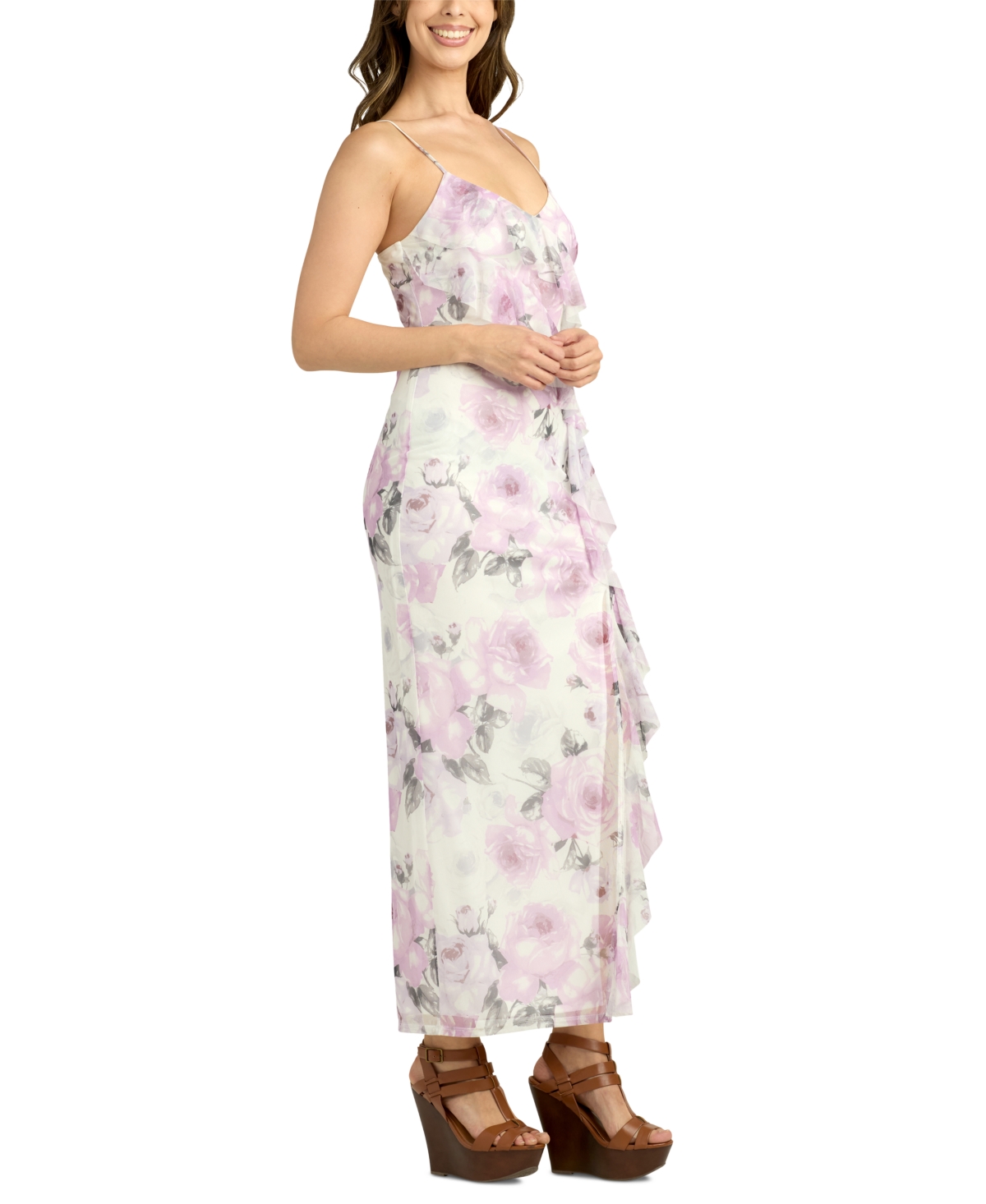 BCX JUNIORS' CASCADE RUFFLED SLEEVELESS FLORAL DRESS 
