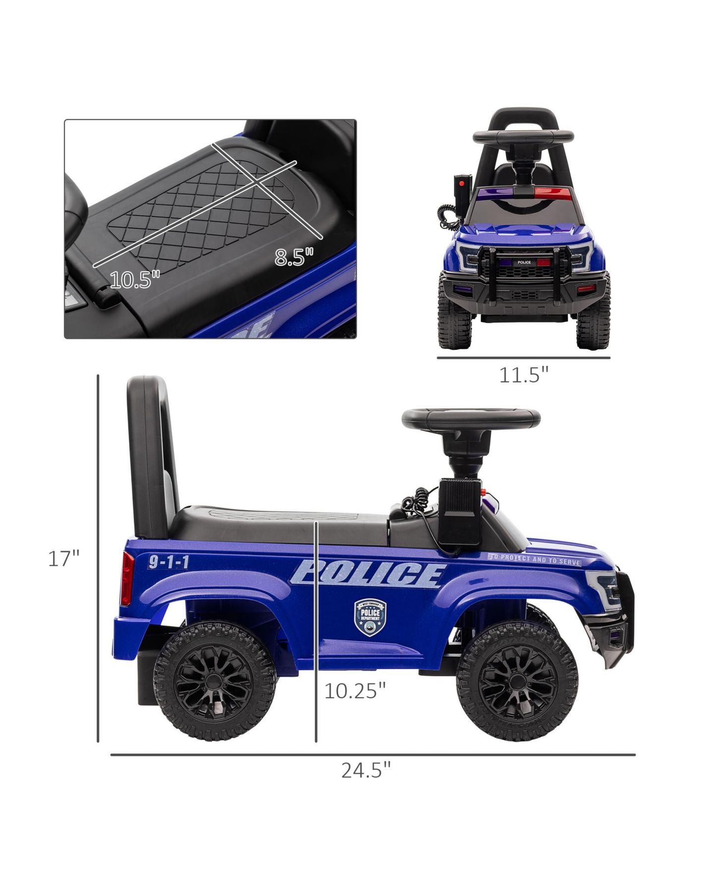 Детская игрушка Aosom Police Truck Style Sliding Ride-On with Pretend PA System and Under-Seat Storage, 1 Rider, Ages 1.5+ — фото 3