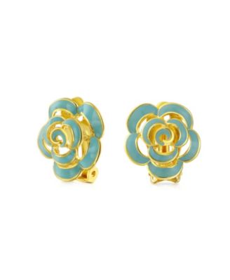 Fashion Enamel 3D White Rose Flower Clip On Earrings Button Style For Non-Pierced Ears Gold Plated