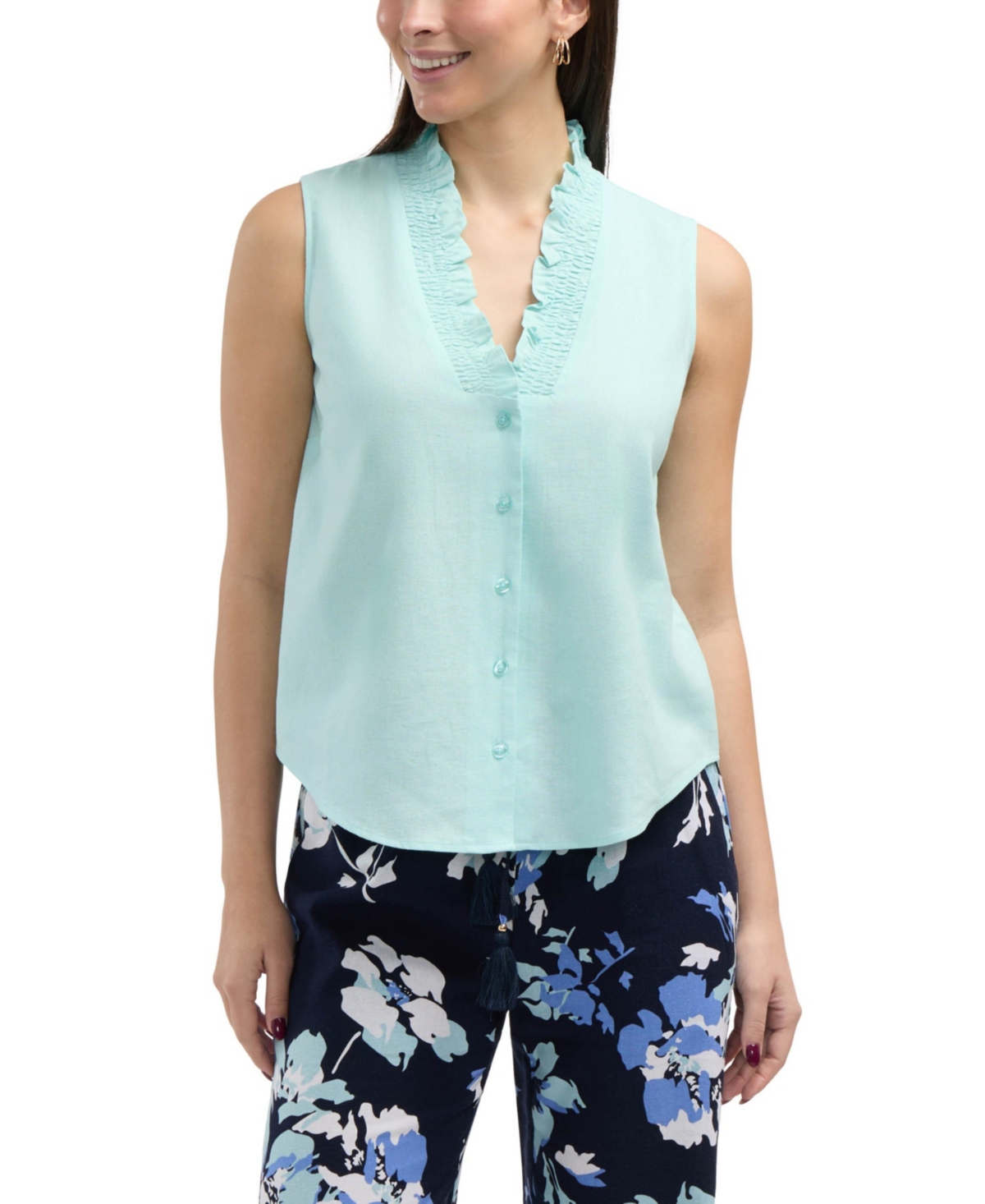 Women's Sleeveless Ruffle Neckline Top - Navy bouquet