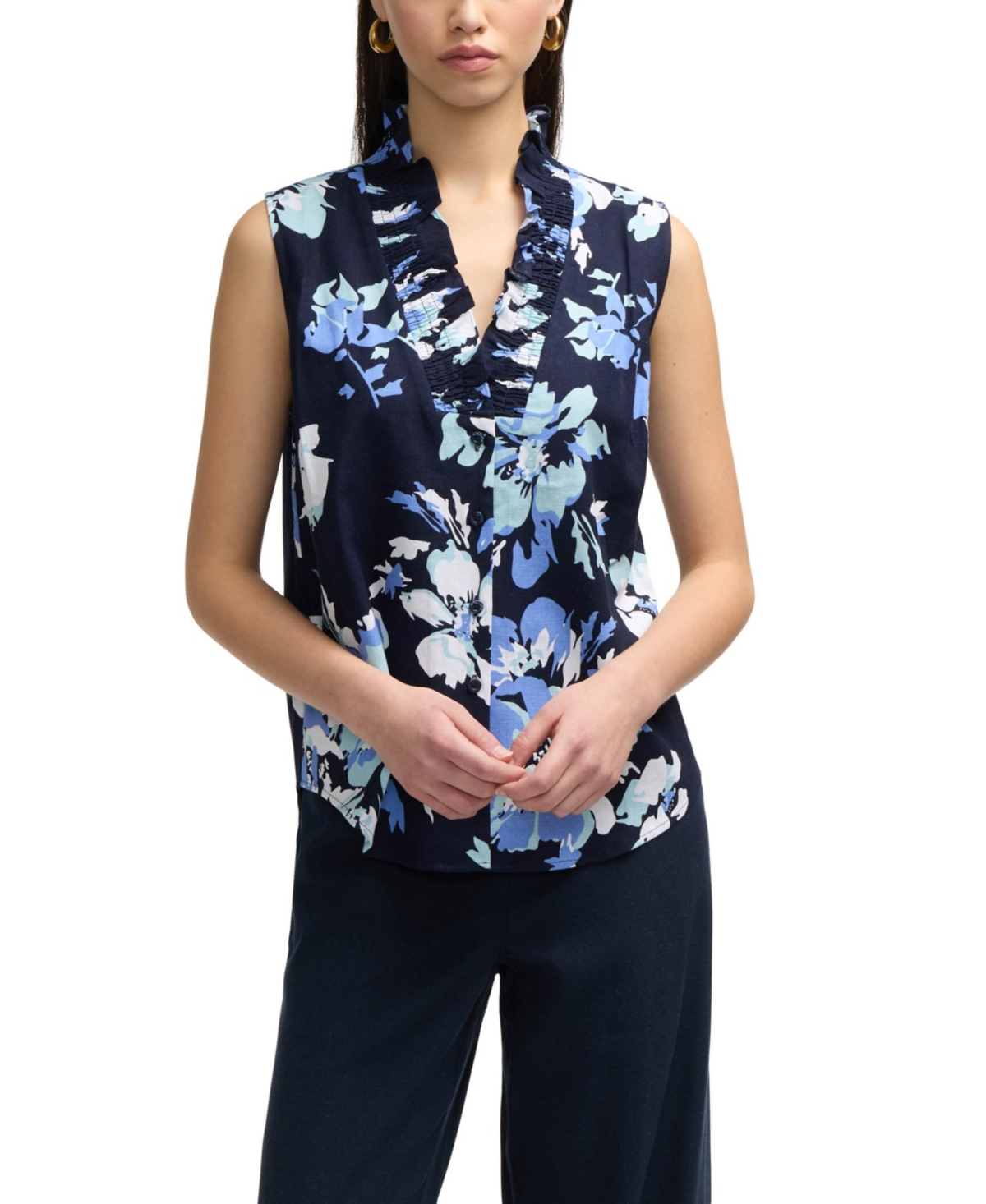 Women's Sleeveless Ruffle Neckline Top - Navy bouquet