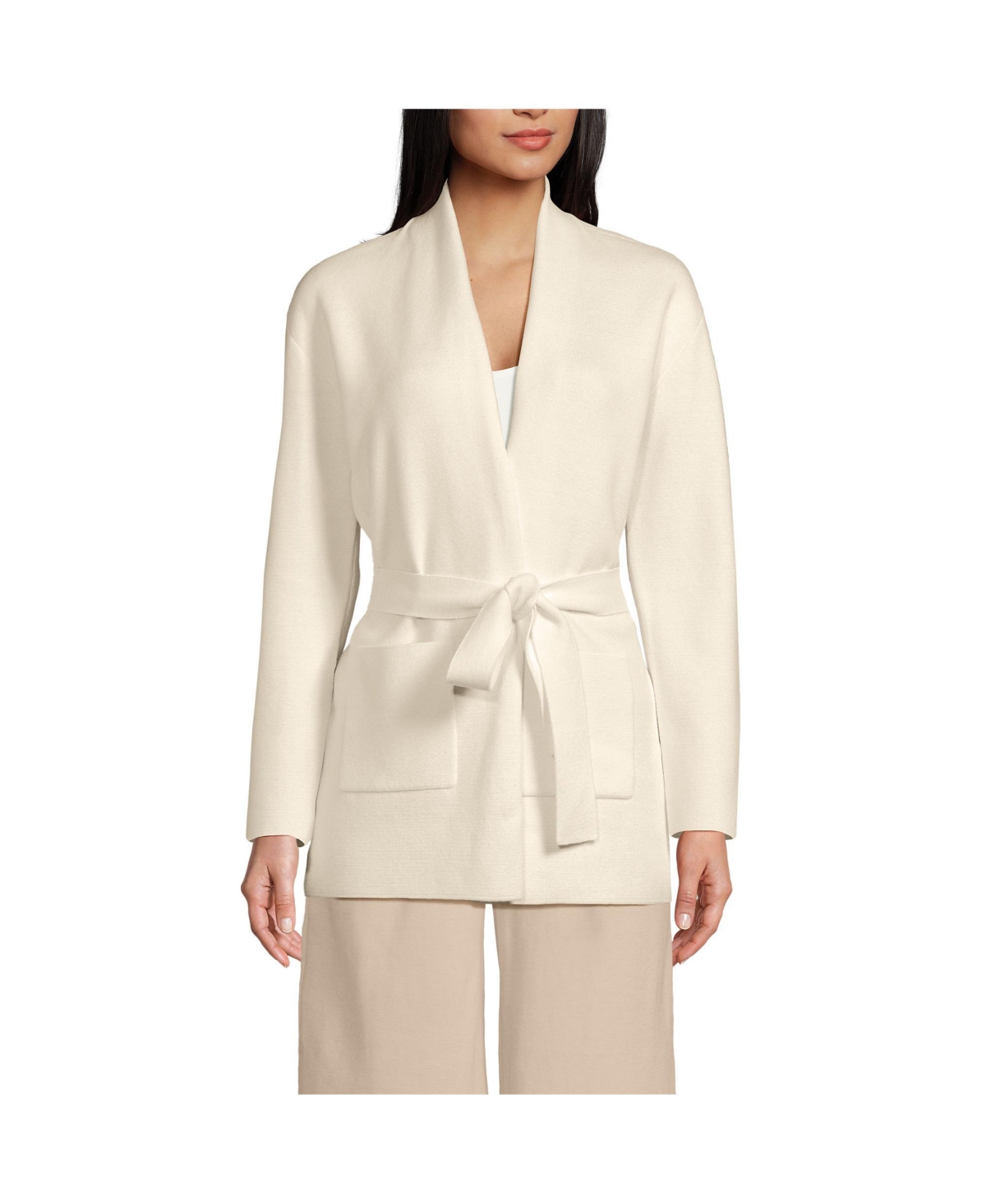 Women's Fine Gauge Milano Belted Long Line Cardigan Sweater - Fresh ivory