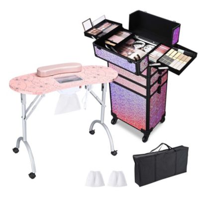 Folding Manicure Nail Table 4in1 Rolling Makeup Case Mermaid Pink