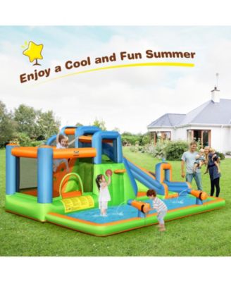 7-in-1 Inflatable Giant Water Park Bouncer with Dual Climbing Walls and 735W Blower