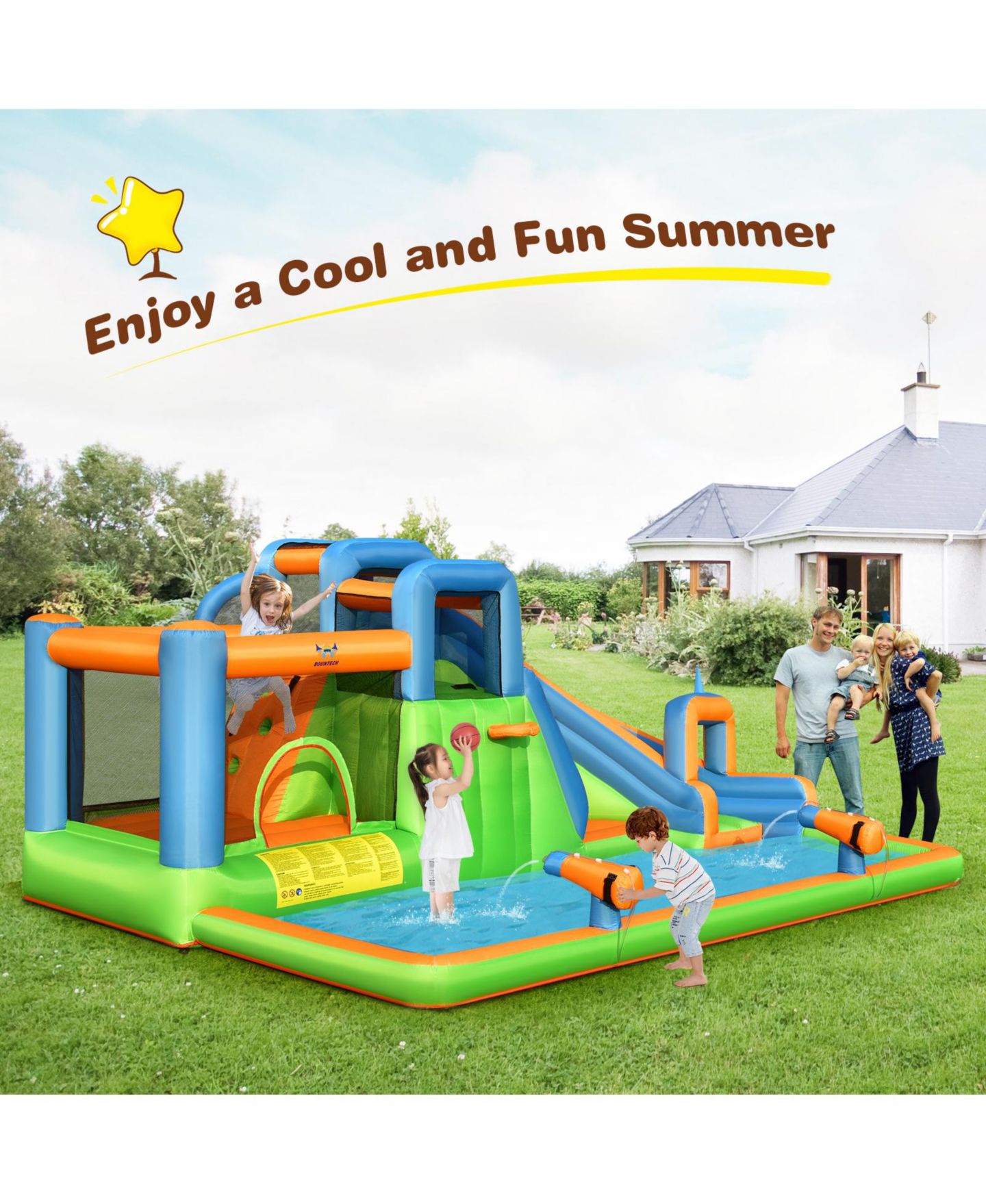 Детская игрушка Slickblue 7-in-1 Inflatable Giant Water Park Bouncer with Dual Climbing Walls and 735W Blower, цвет: Зелёный — фото 4