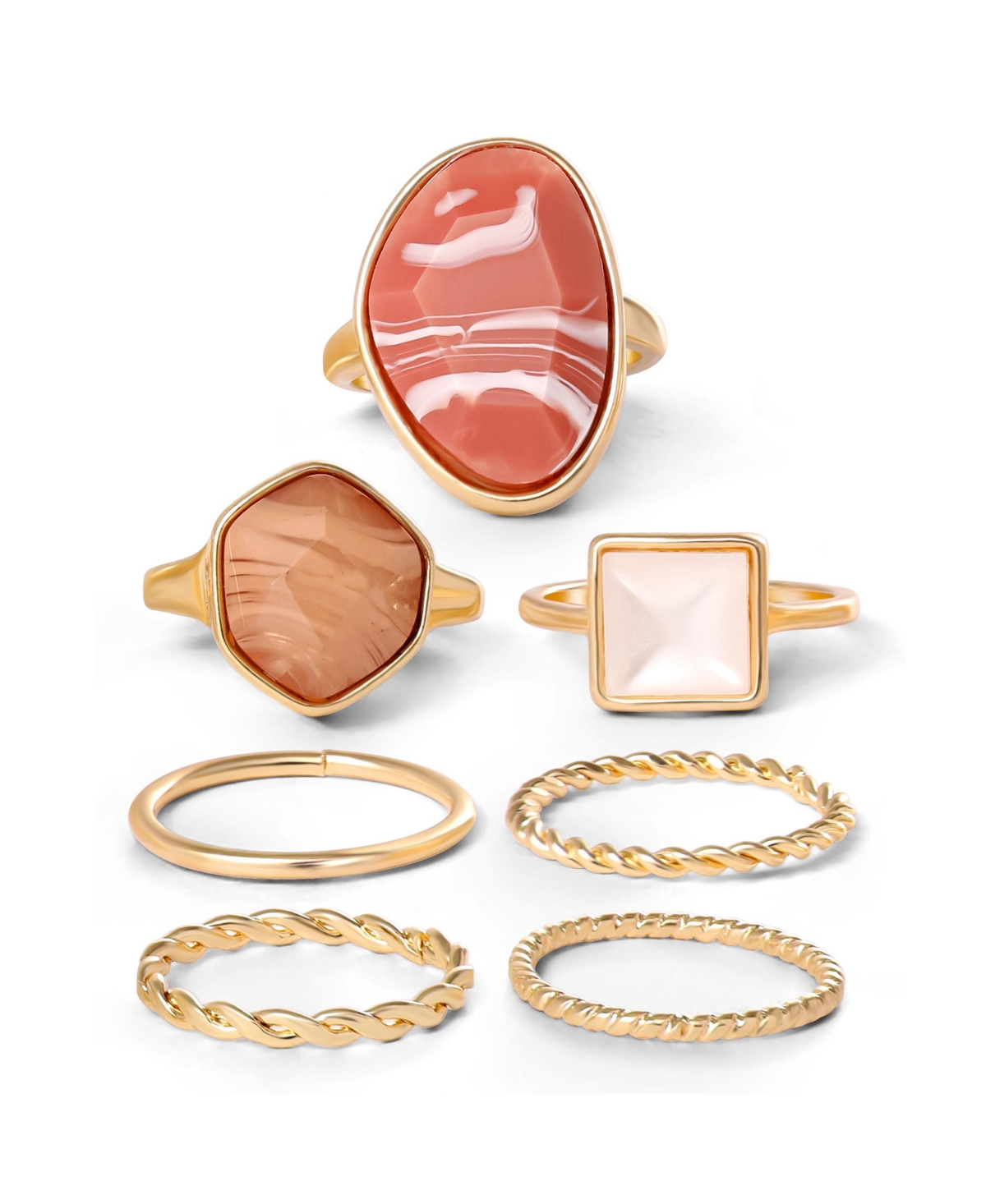7-Piece Stackable Ring Set with Coral Accents - Size 7 - Gold tone, coral
