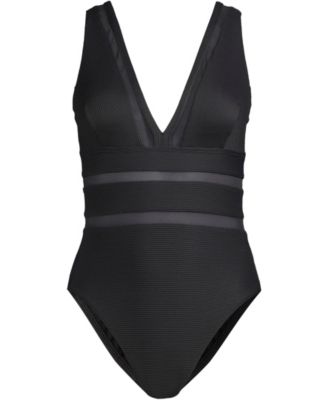 Women's Mesh Ribbed Plunge High Leg One Piece Swimsuit