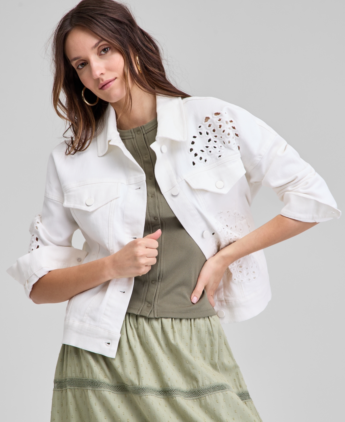 And Now This Women's Eyelet Embroidered Denim Jacket, Exclusively At Macy's
