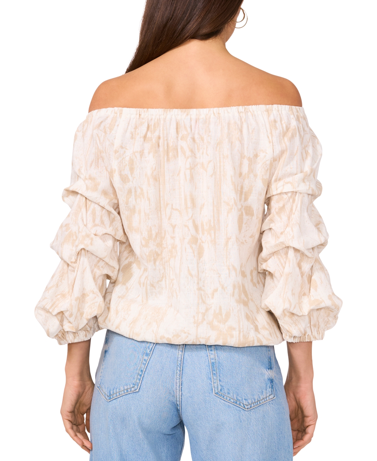 VINCE CAMUTO WOMEN'S PRINTED LINEN-BLEND OFF-THE-SHOULDER BUBBLE 3/4-SLEEVE TIE-FRONT BLOUSE 