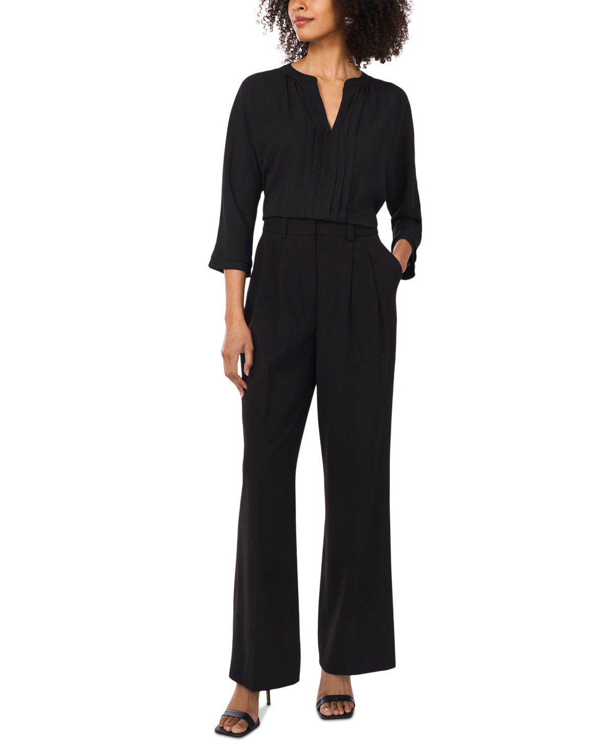 VINCE CAMUTO WOMEN'S V-NECK PLEATED-FRONT-PANEL 3/4-SLEEVE TOP 