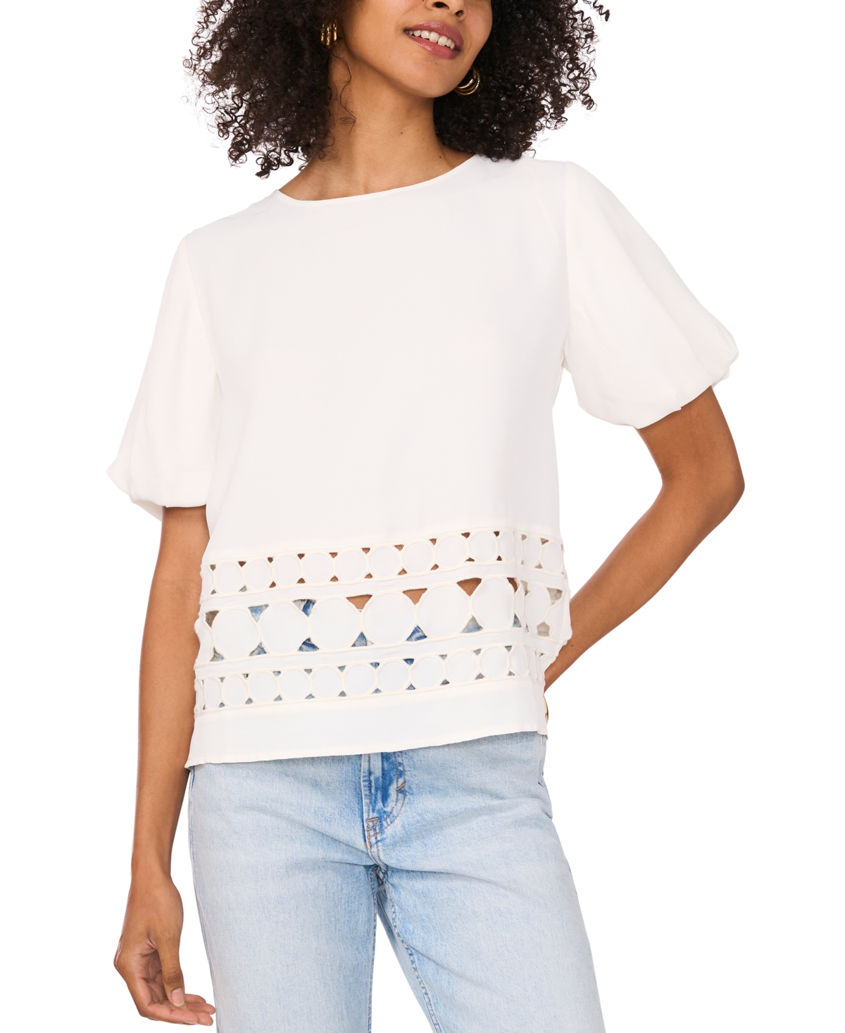 VINCE CAMUTO WOMEN'S CREWNECK PUFF-SLEEVE EMBROIDERED TOP 