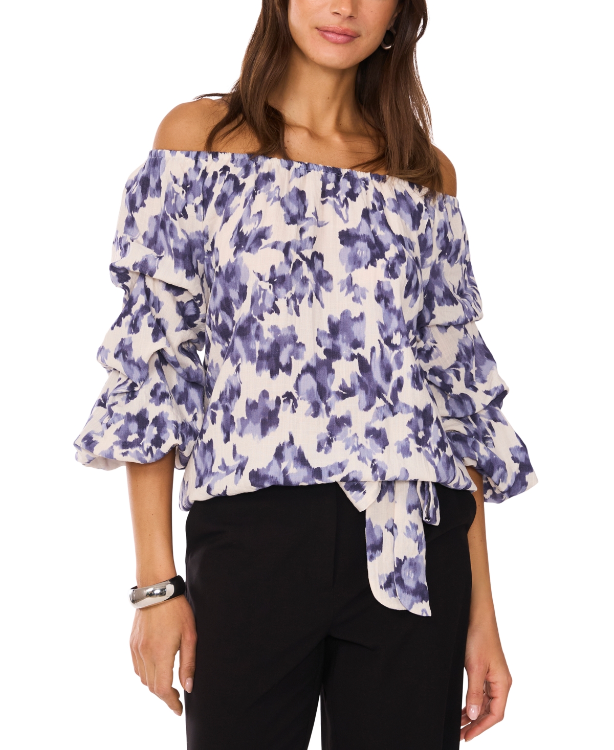 VINCE CAMUTO WOMEN'S FLORAL OFF-THE-SHOULDER BUBBLE 3/4-SLEEVE TIE-FRONT BLOUSE 