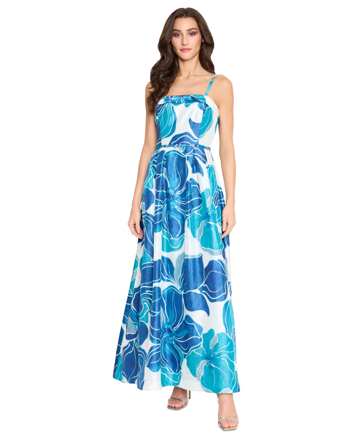 Tahari Women's Floral-Print Square-Neck Gown - Teal Navy
