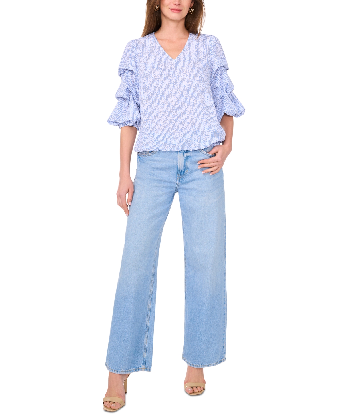 VINCE CAMUTO WOMEN'S PRINTED V-NECK BUBBLE-SLEEVE TOP 
