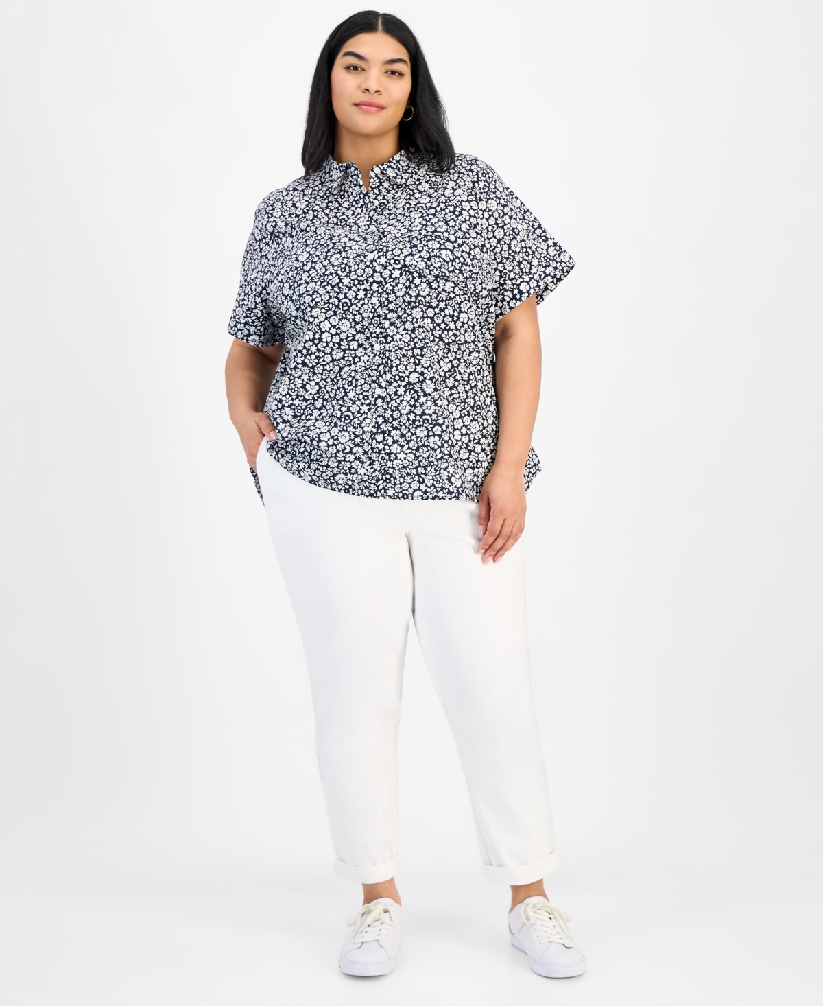 Tommy Hilfiger Plus Size Cotton Patchwork-print Camp Shirt In Blue