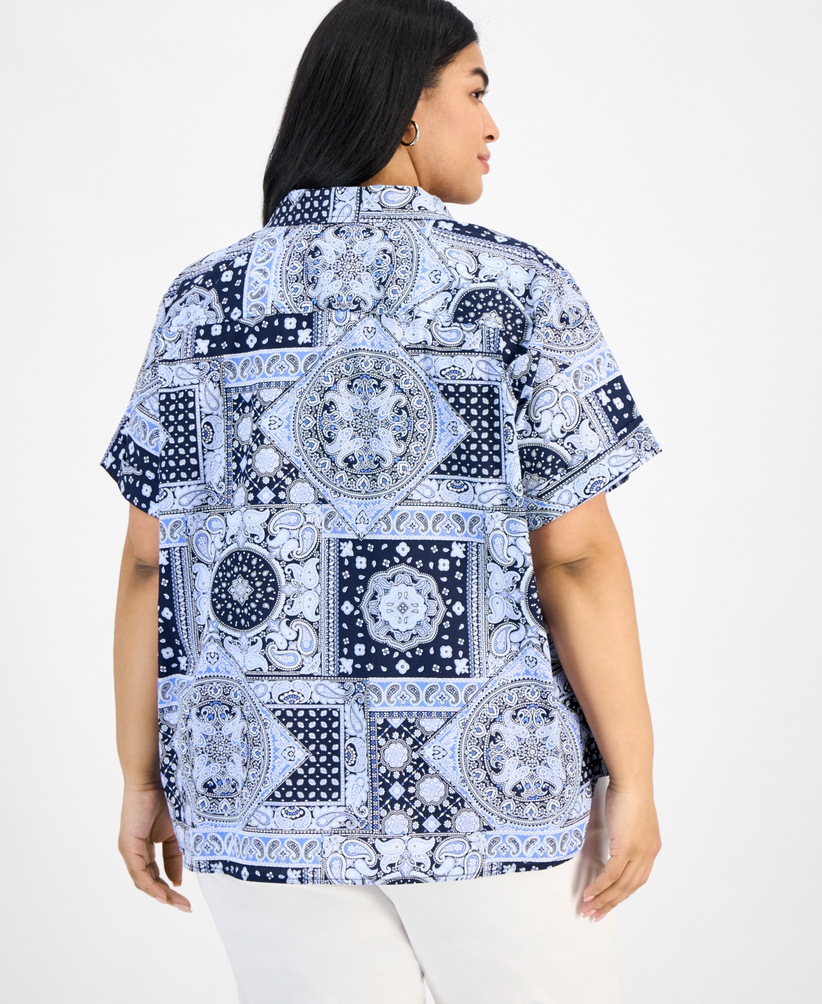 Tommy Hilfiger Plus Size Cotton Patchwork-print Camp Shirt In French Blue Multi