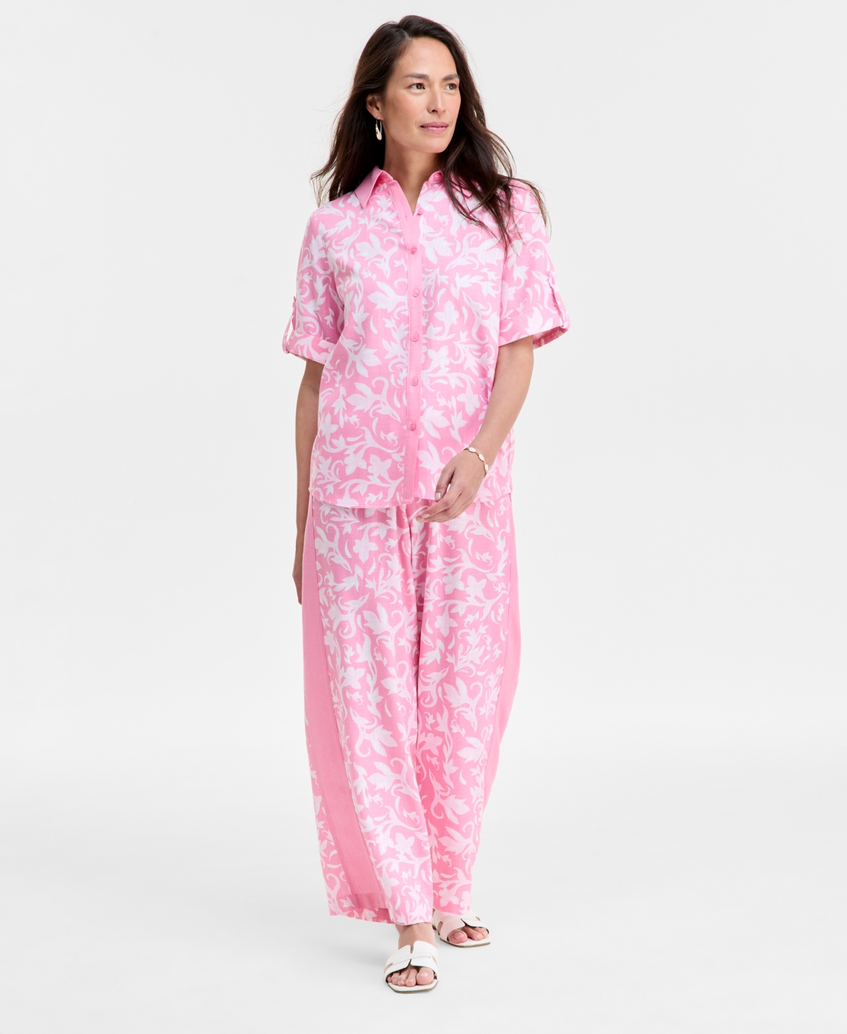 Jm Collection Women's Linen Blend Printed Short-sleeve Button-up Shirt, Exclusively At Macy's
