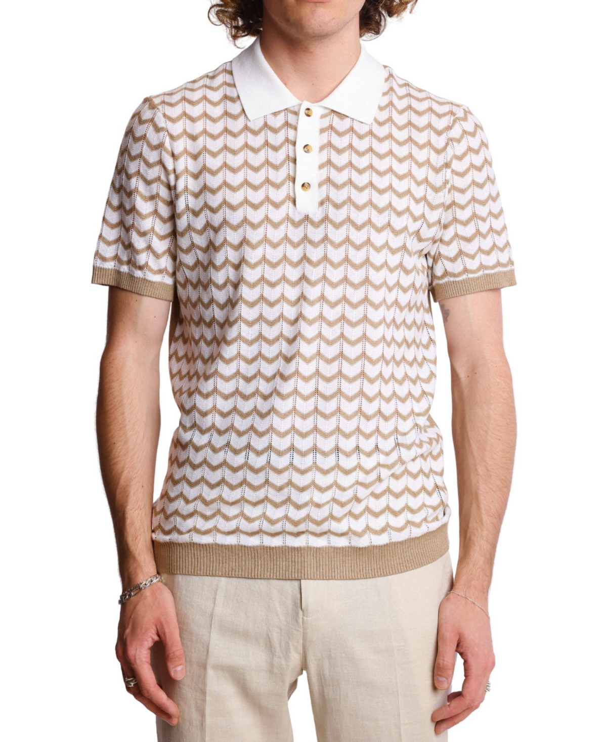 Men's Slim Fit Short Sleeve Chevron Polo Shirt - White  Tan Zig Zag