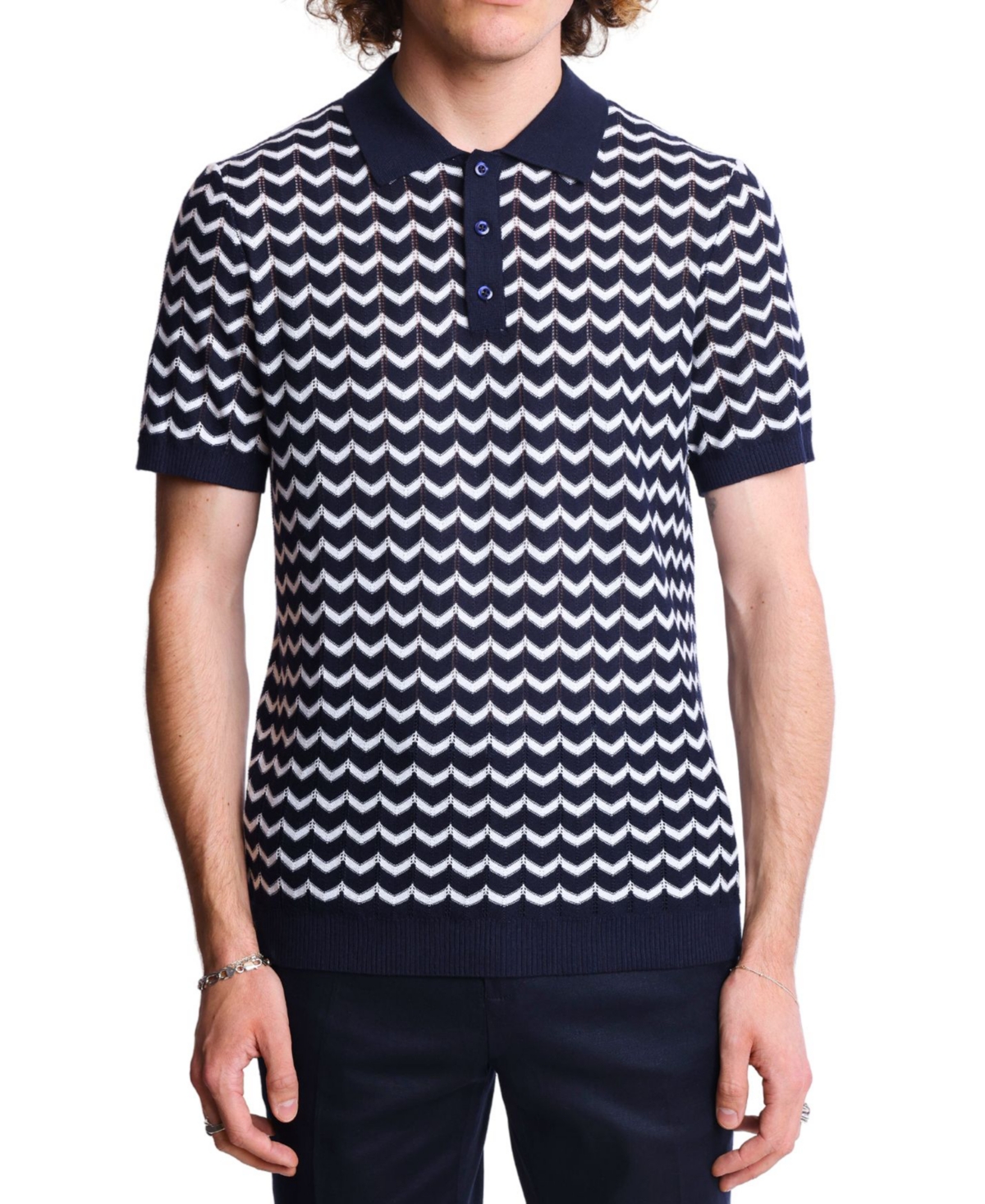 Men's Slim Fit Short Sleeve Chevron Polo Shirt - Navy  White Zig Zag