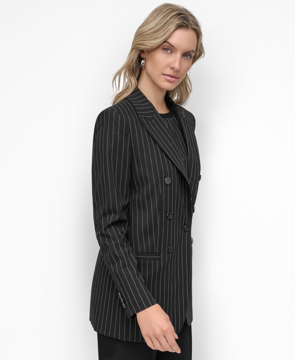 Shop Dkny Women's Pinstripe Double-breasted Peak-lapel Blazer In Black,ivory Stripe