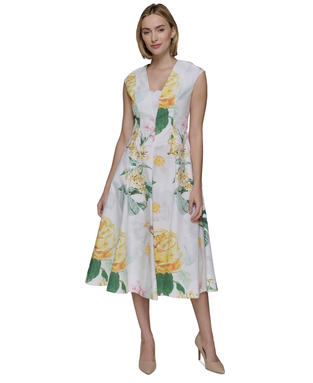 Karl Lagerfeld Petite Allover Floral Midi Dress In Soft White Multi