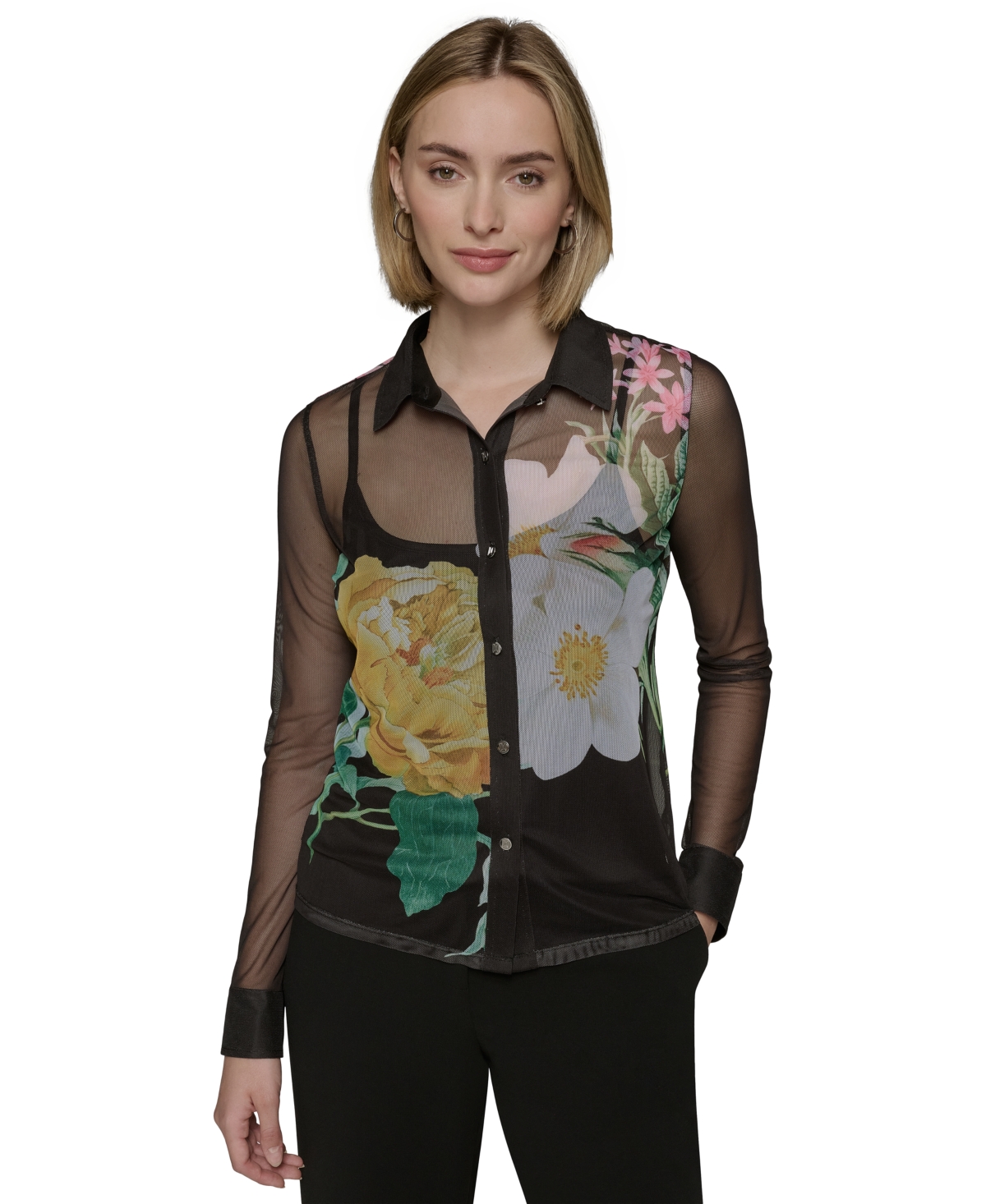 Shop Karl Lagerfeld Women's Sheer Floral Knit Button-front Top In Black