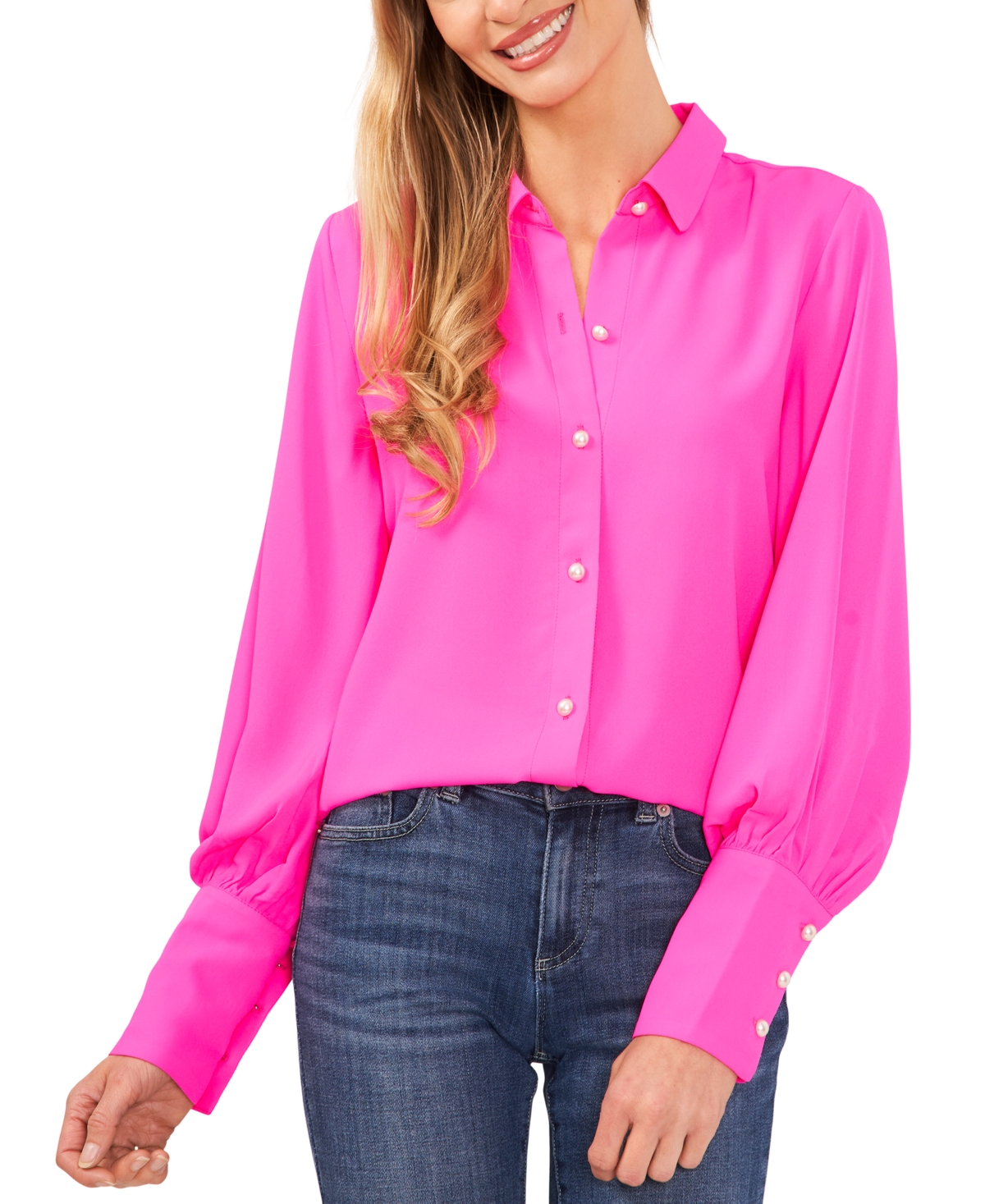 Women's Puff Sleeve Button-Up Shirt - Pink Shock