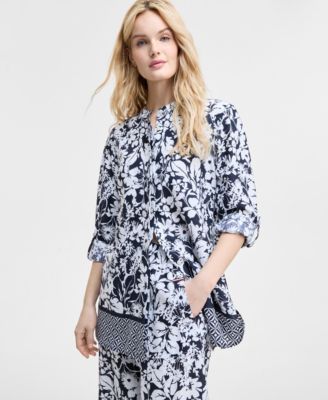 Tommy Hilfiger Womens Printed Long Sleeve Tunic Wide Leg Pants In Sky Captain,bright White