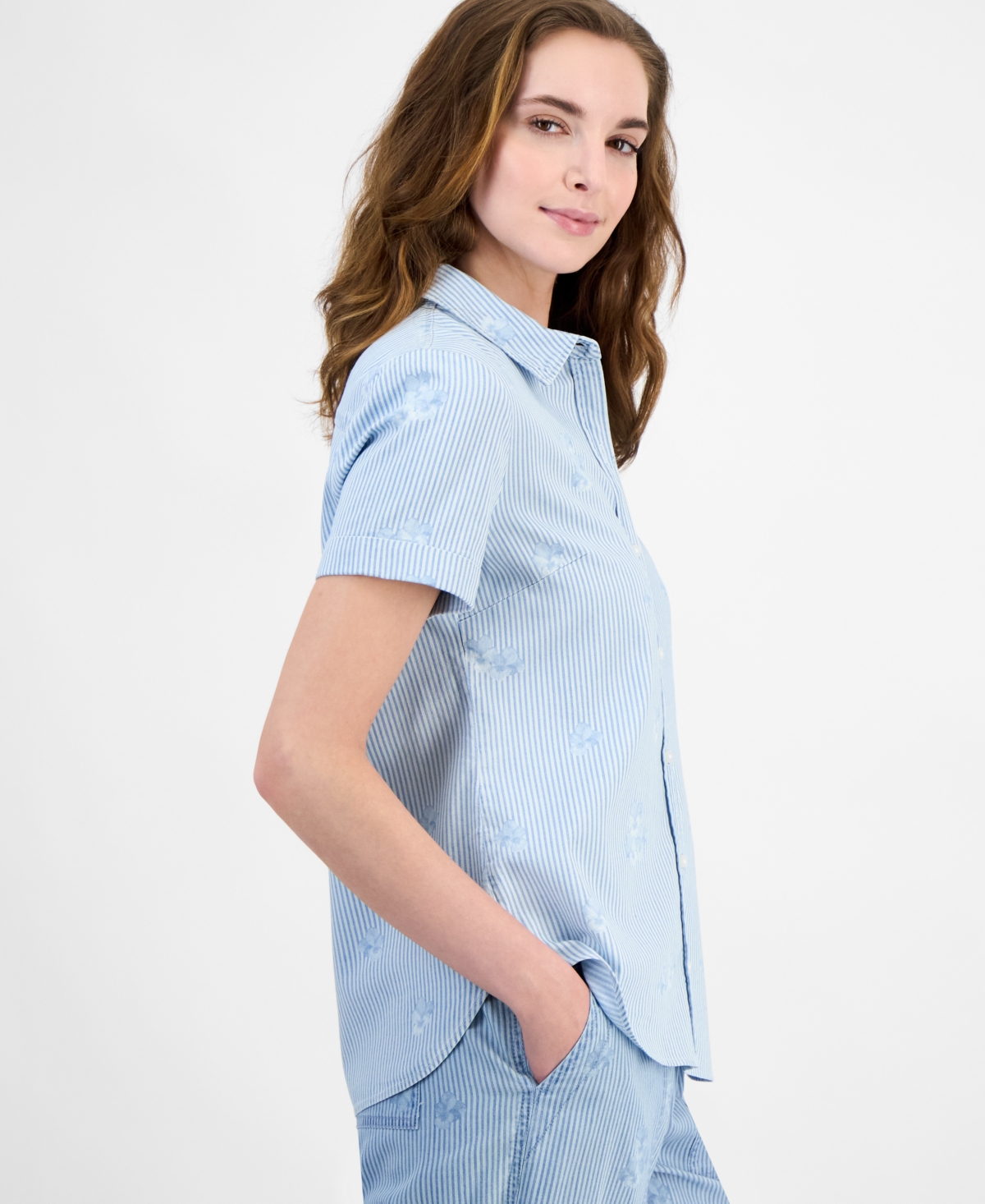 Nautica Jeans Women's Striped Floral Camp Shirt In Lt Azure