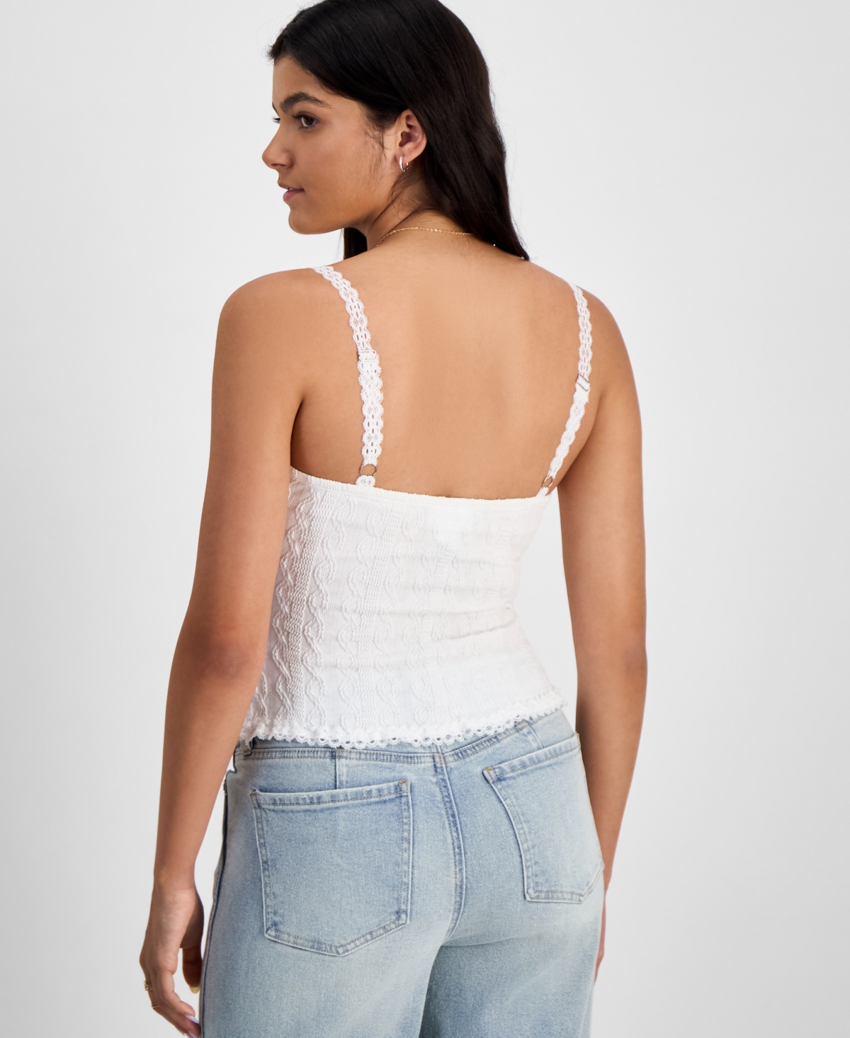Just Polly Junior's Textured-knit Lace-trim Cami Top In Bright White