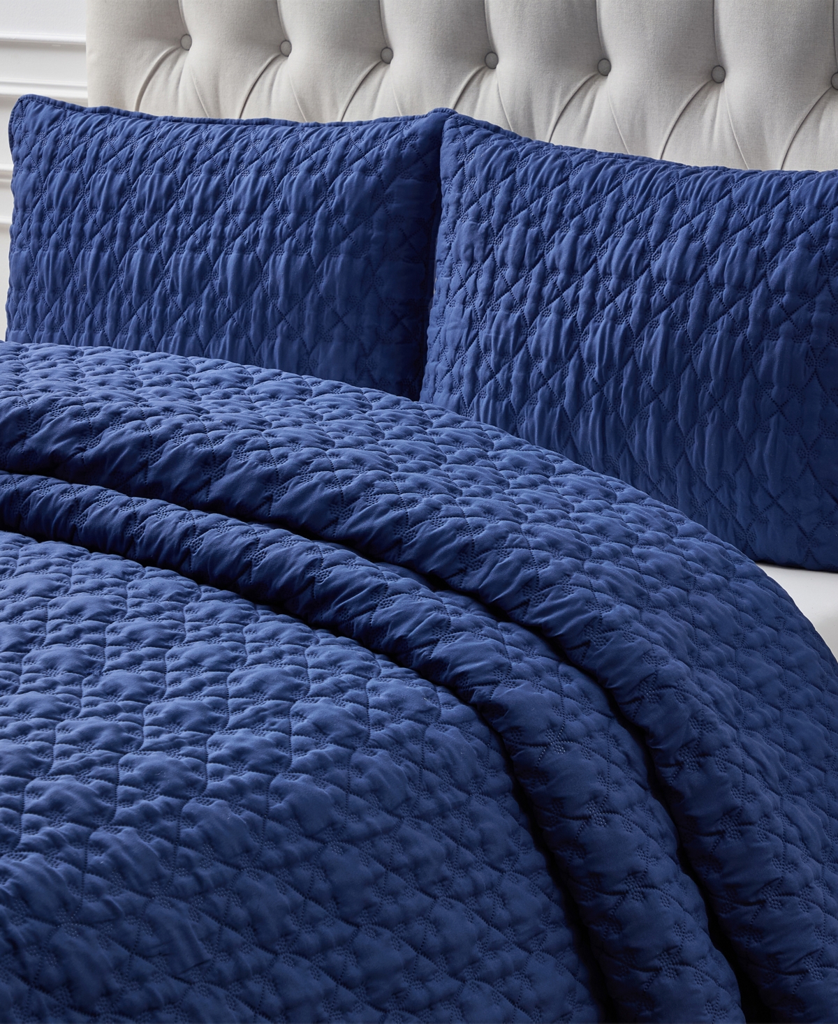 Seventh Studio Leaf Solid Pinsonic Microfiber 3-pc. Quilt Set, King In Navy