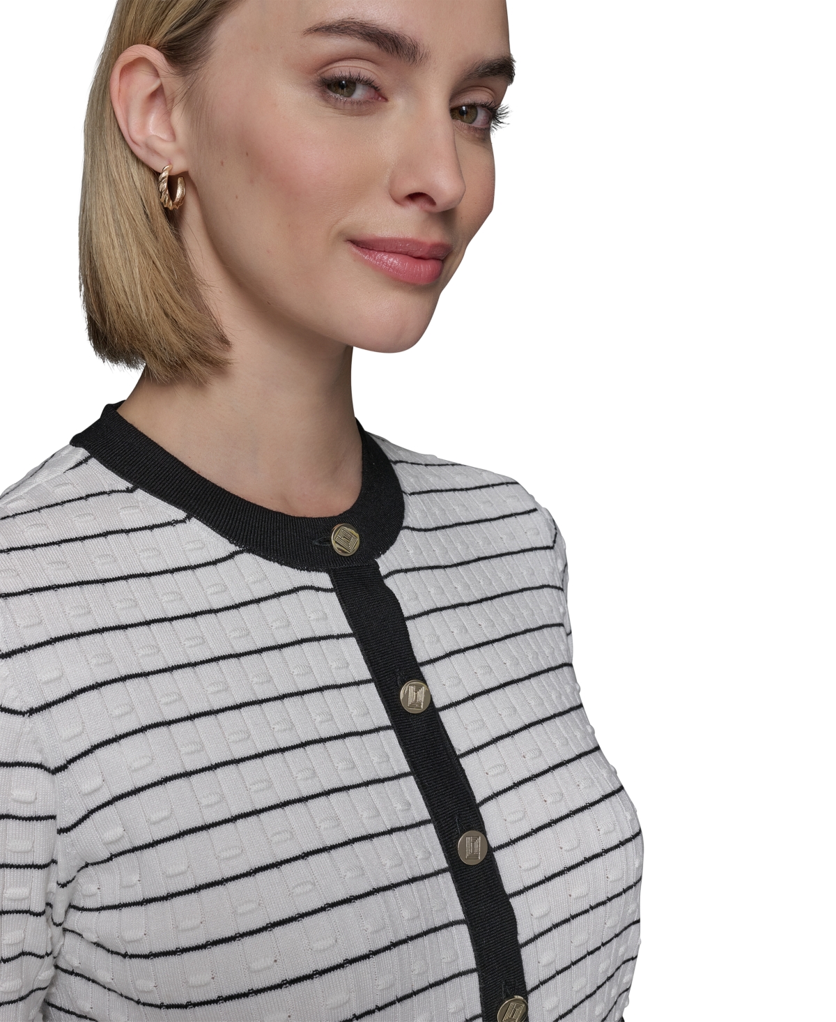 Shop Karl Lagerfeld Women's Striped Short-sleeve Cardigan In Soft White Black