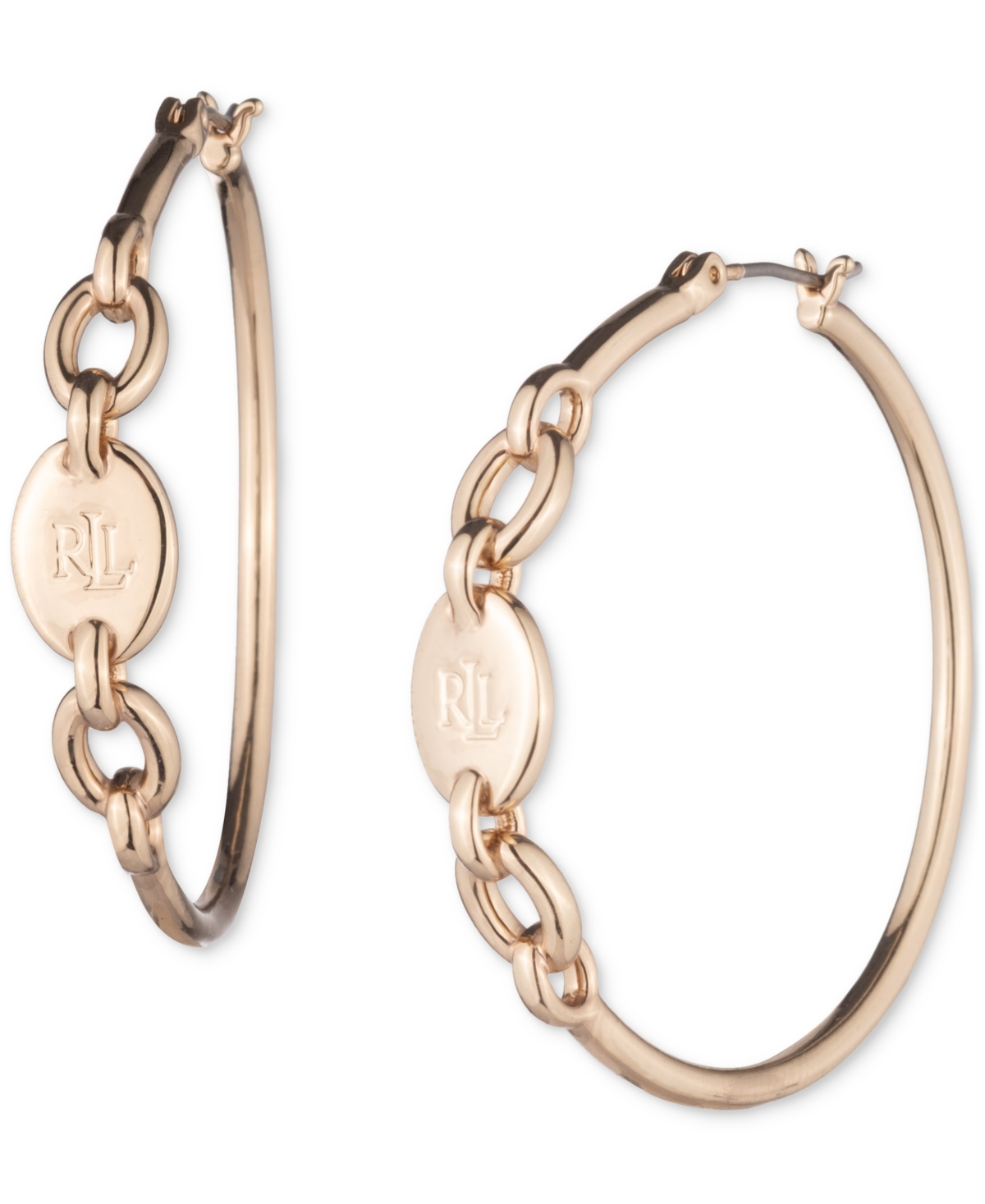 Ralph Lauren Gold-tone Logo Chain Link Medium Hoop Earrings, 1.5" In Gold