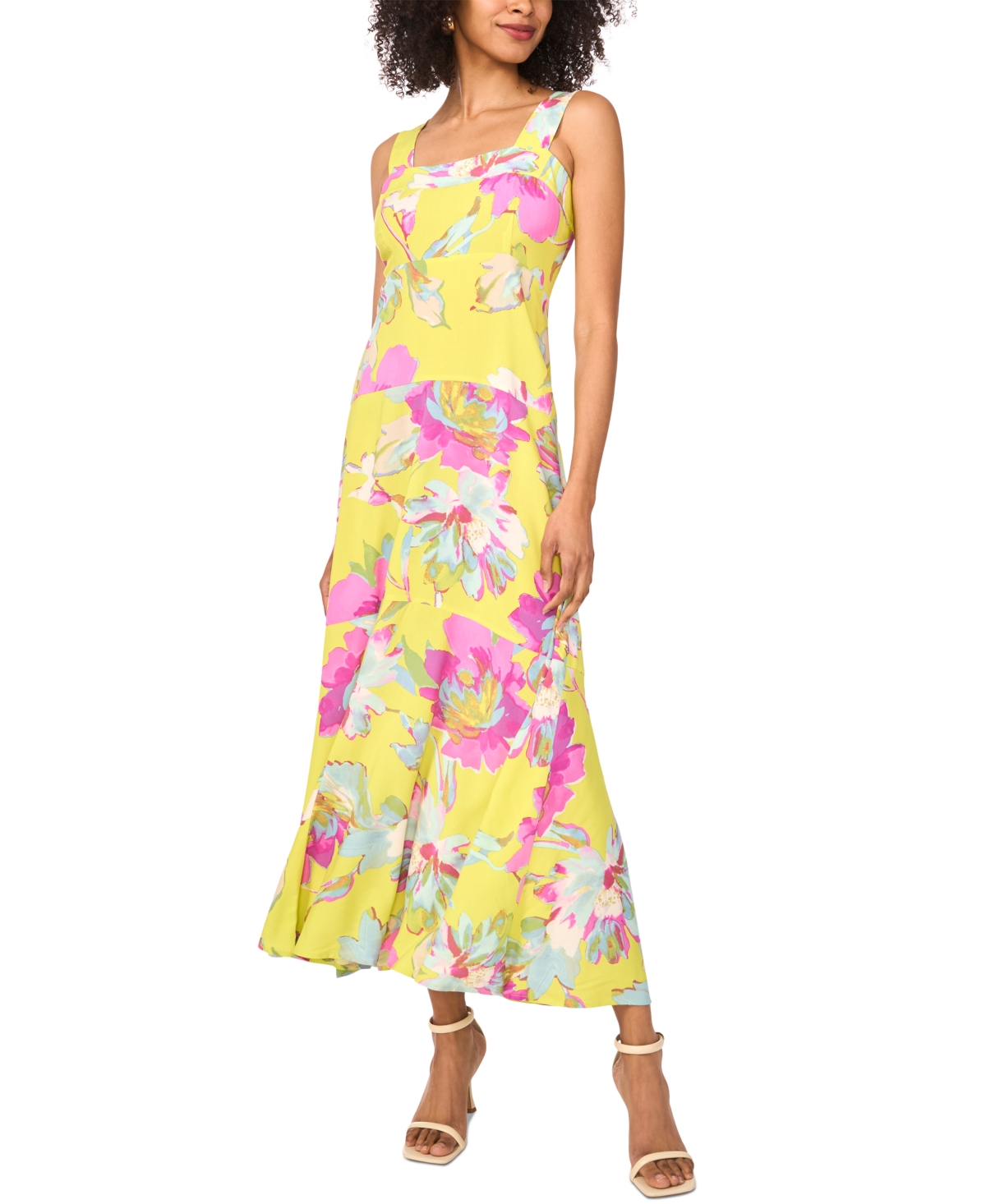 VINCE CAMUTO WOMEN'S FLORAL SQUARE-NECK SMOCKED-BACK SLEEVELESS MAXI DRESS 