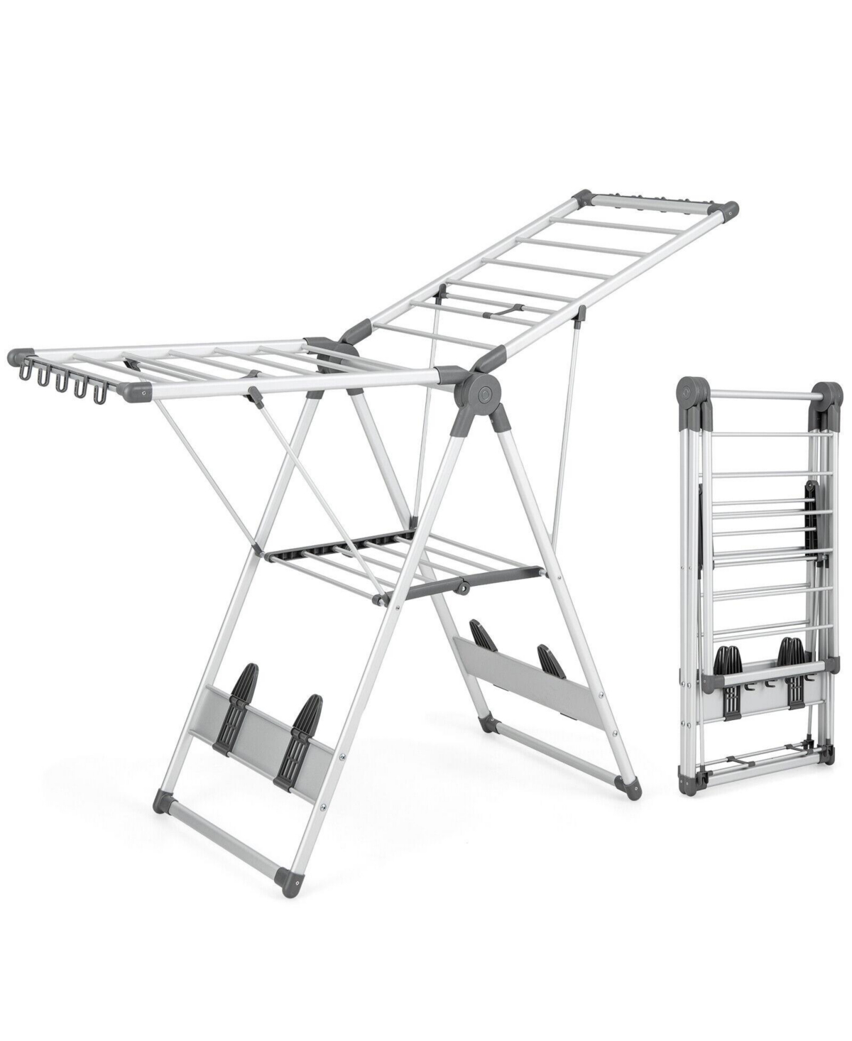 2-Layer Folding Clothes Drying Rack with 5-Level Adjustable Height - Silver, Grey