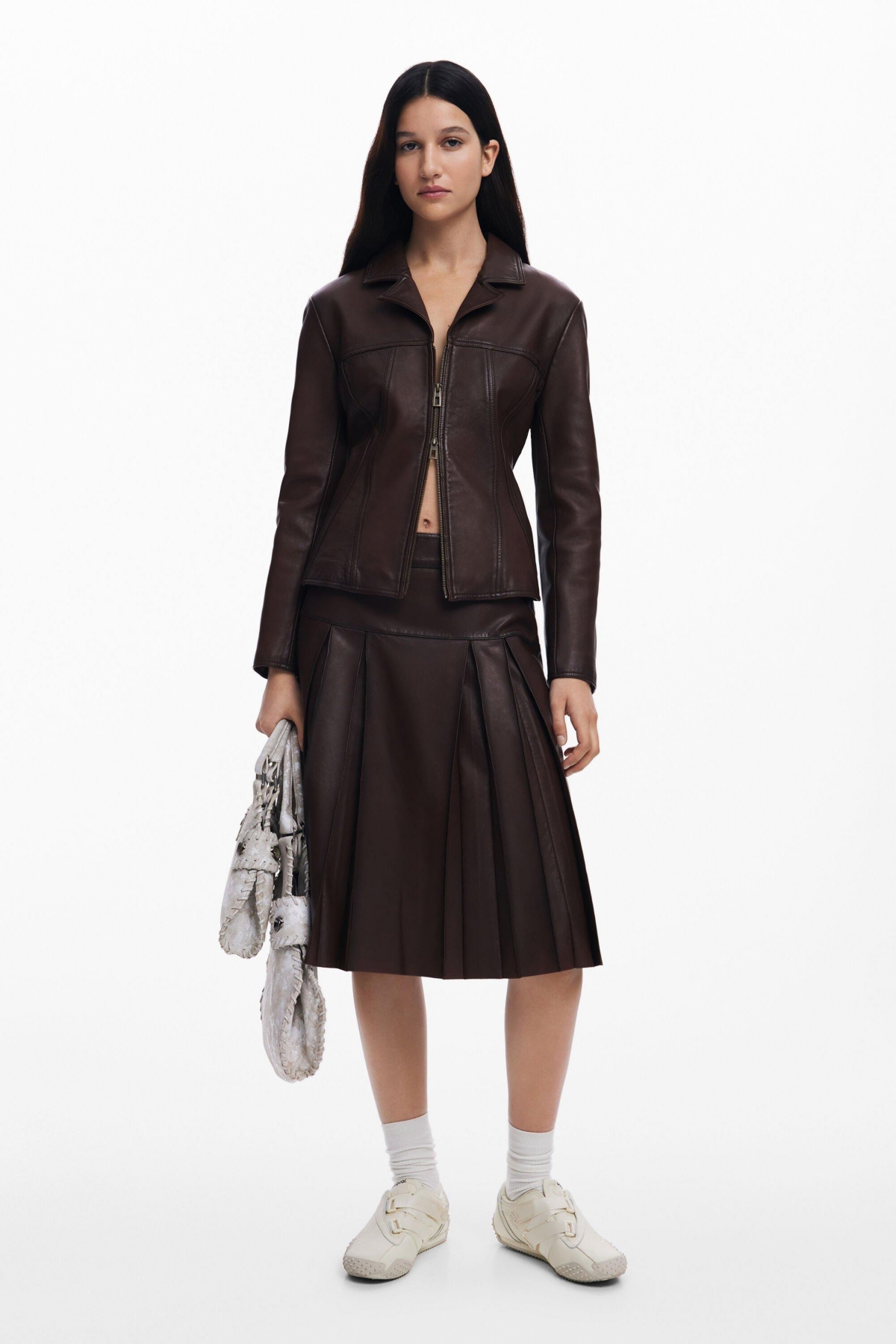 Women's Peplum leather biker jacket - Brown
