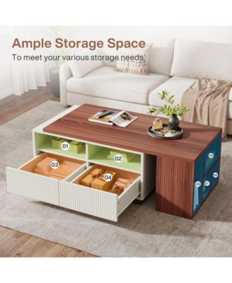 Coffee Table, Extendable Coffee Table with 2 Drawers and Storage Shelves, Rectangular Wooden Center Table with Reversible Tabletop for Living Room (White & Walnut