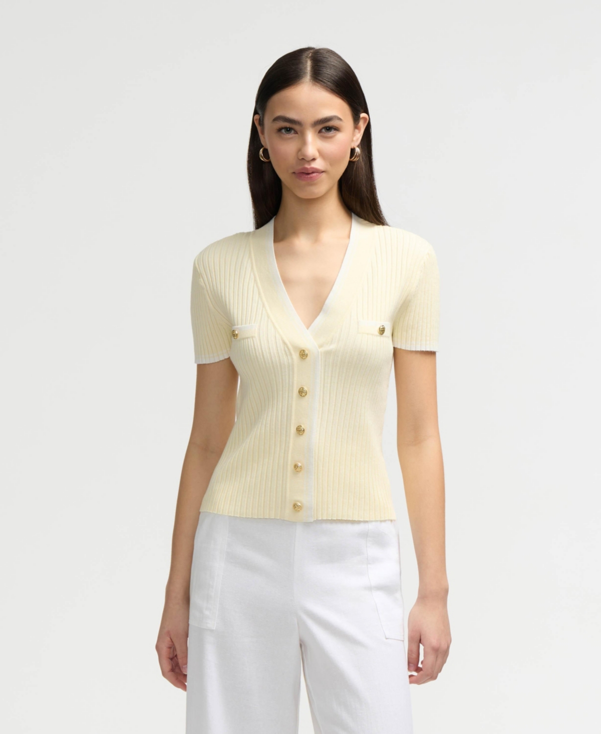 Women's Short Sleeve Cardigan Sweater - Marshmallow/ black