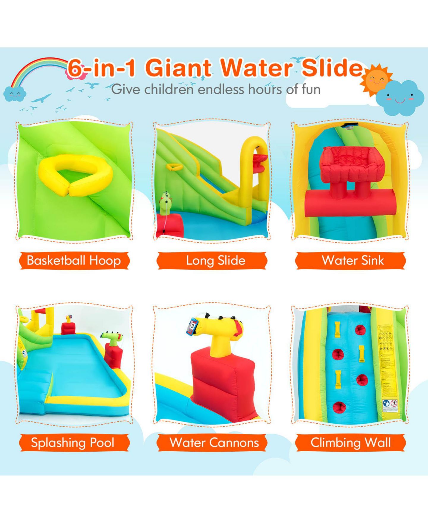 Детская игрушка Slickblue Water Bounce House with Water Slide & Splash Pool, 157.5"L x 132"W x 90.5"H, Oxford Cloth, Accommodates 3 Kids, 3–10 лет, цвет: Разноцветный — фото 2