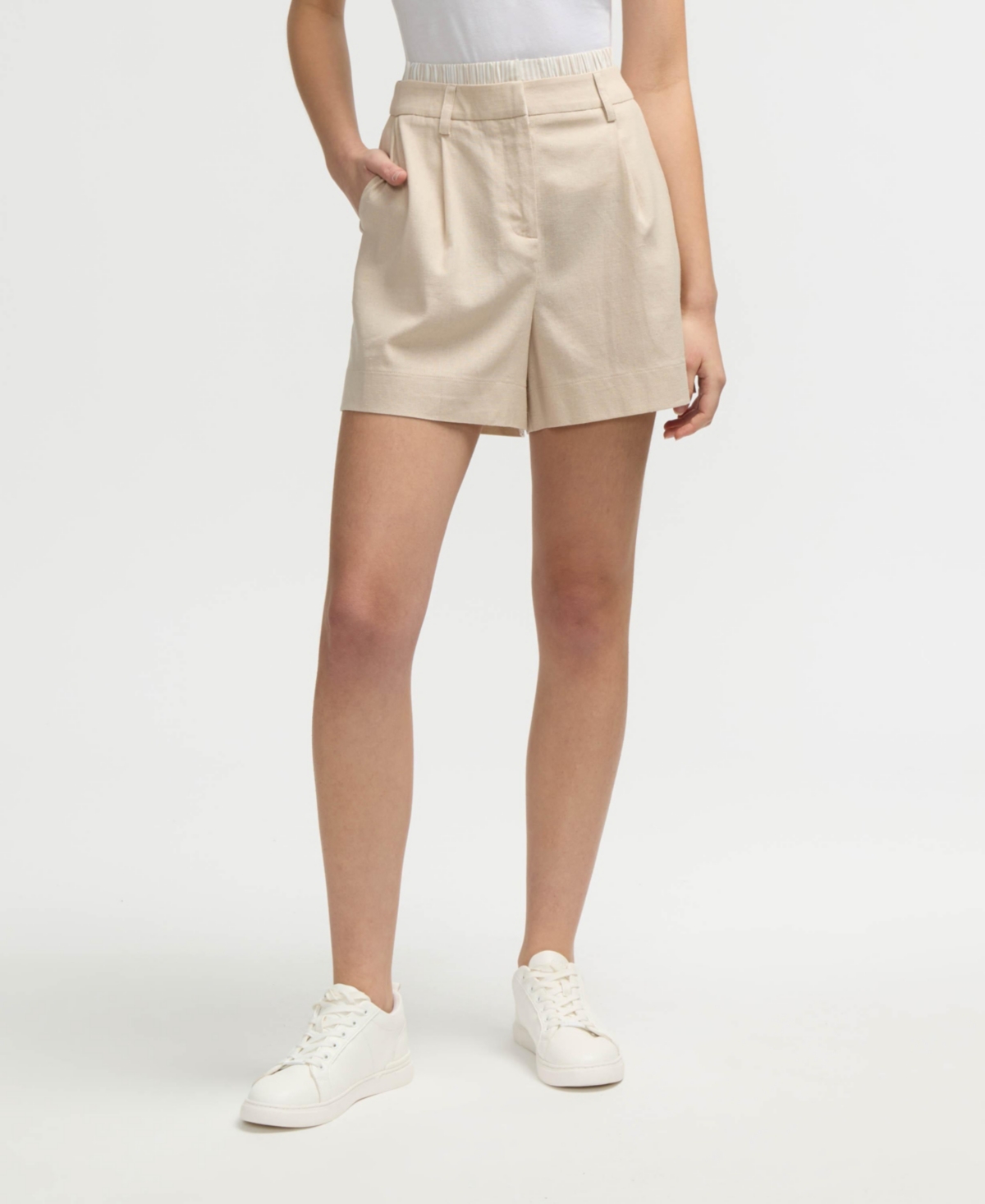 Women s Linen Shorts with Elastic Waist - Natural