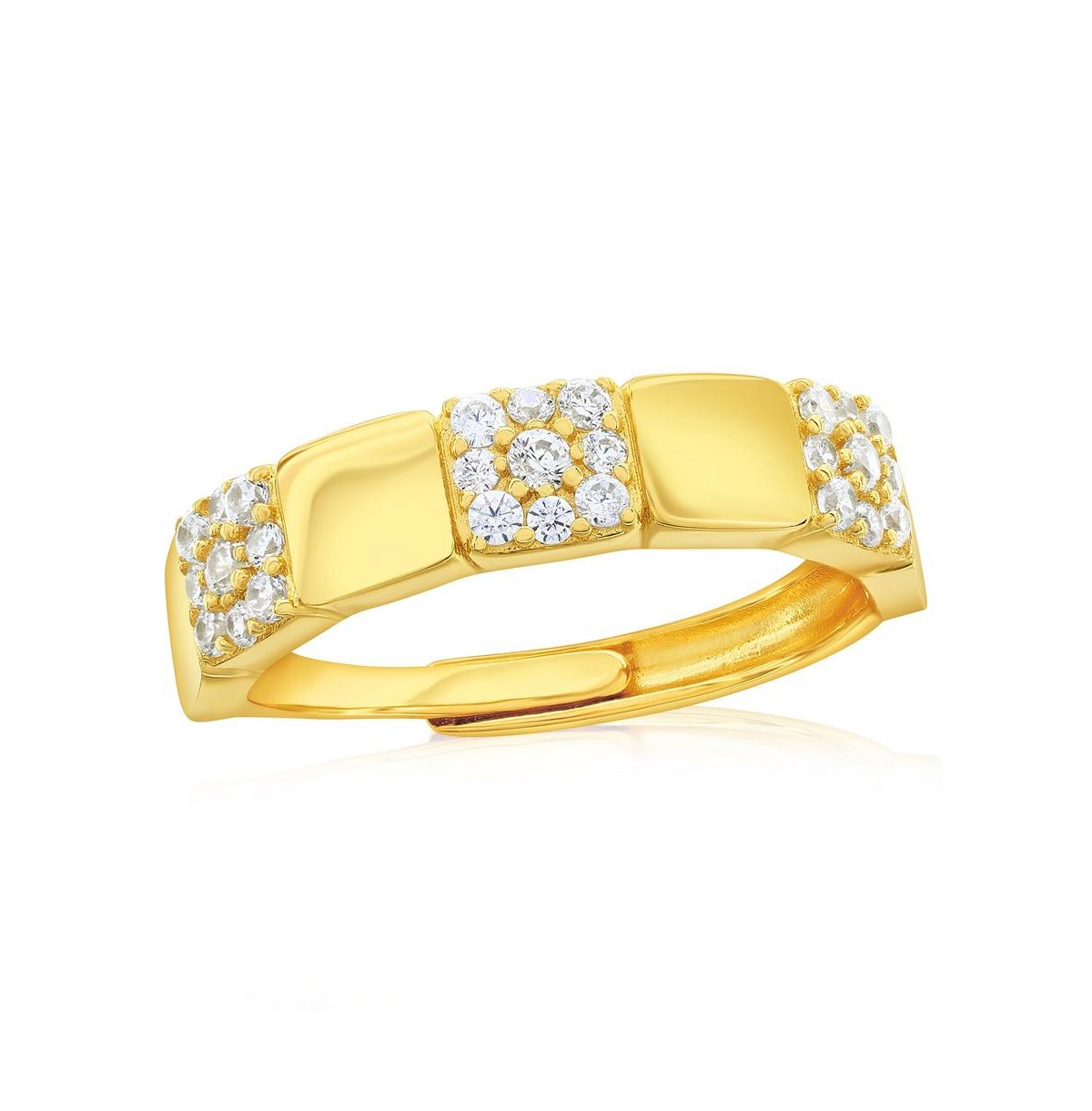 Sterling Silver, Gold Plated Square Polished & Pave Cz Half Eterniy Ring - Gold