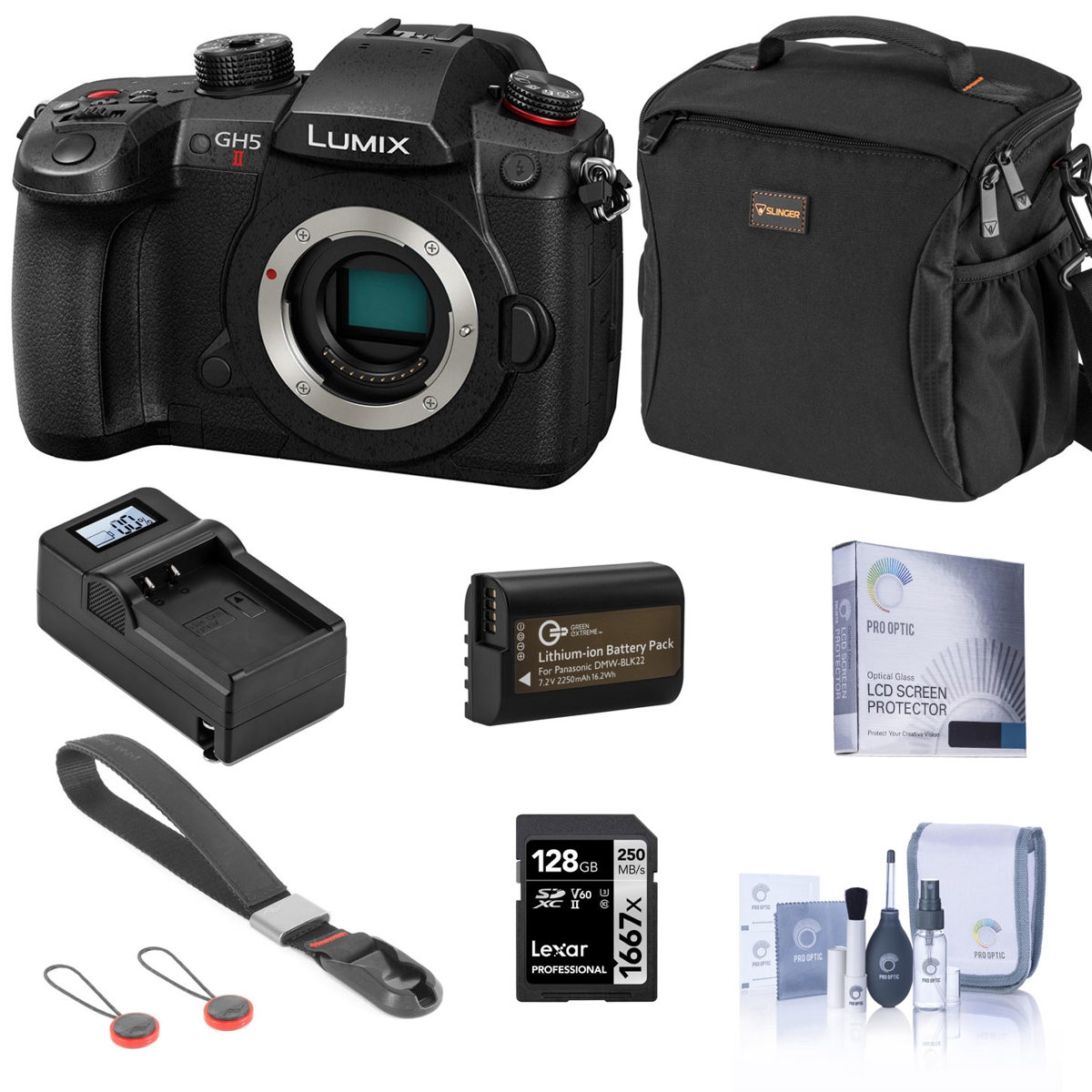 Panasonic Lumix GH5II Mirrorless Camera Bundle with 128GB Sd Card, Bag, Extra Battery, Charger, Wrist Strap, Screen Protector, Cleaning Kit