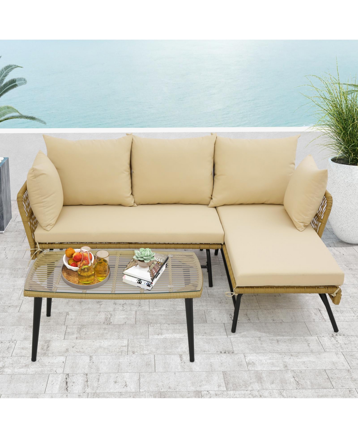 3 Pieces L-Shaped Patio Sofa with Cushions and Tempered Glass Table