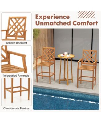 Patio Teak Wood Bar Stool Outdoor Counter Height Chair with Ergonomic Backrest