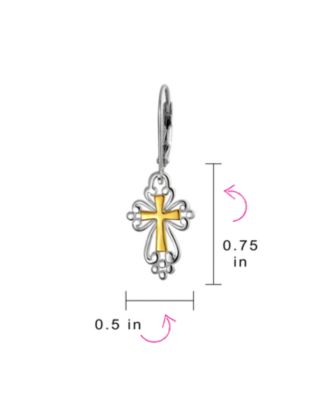 Filigree Two Tone Fleur De Lis Cross Dangle Earrings Plated