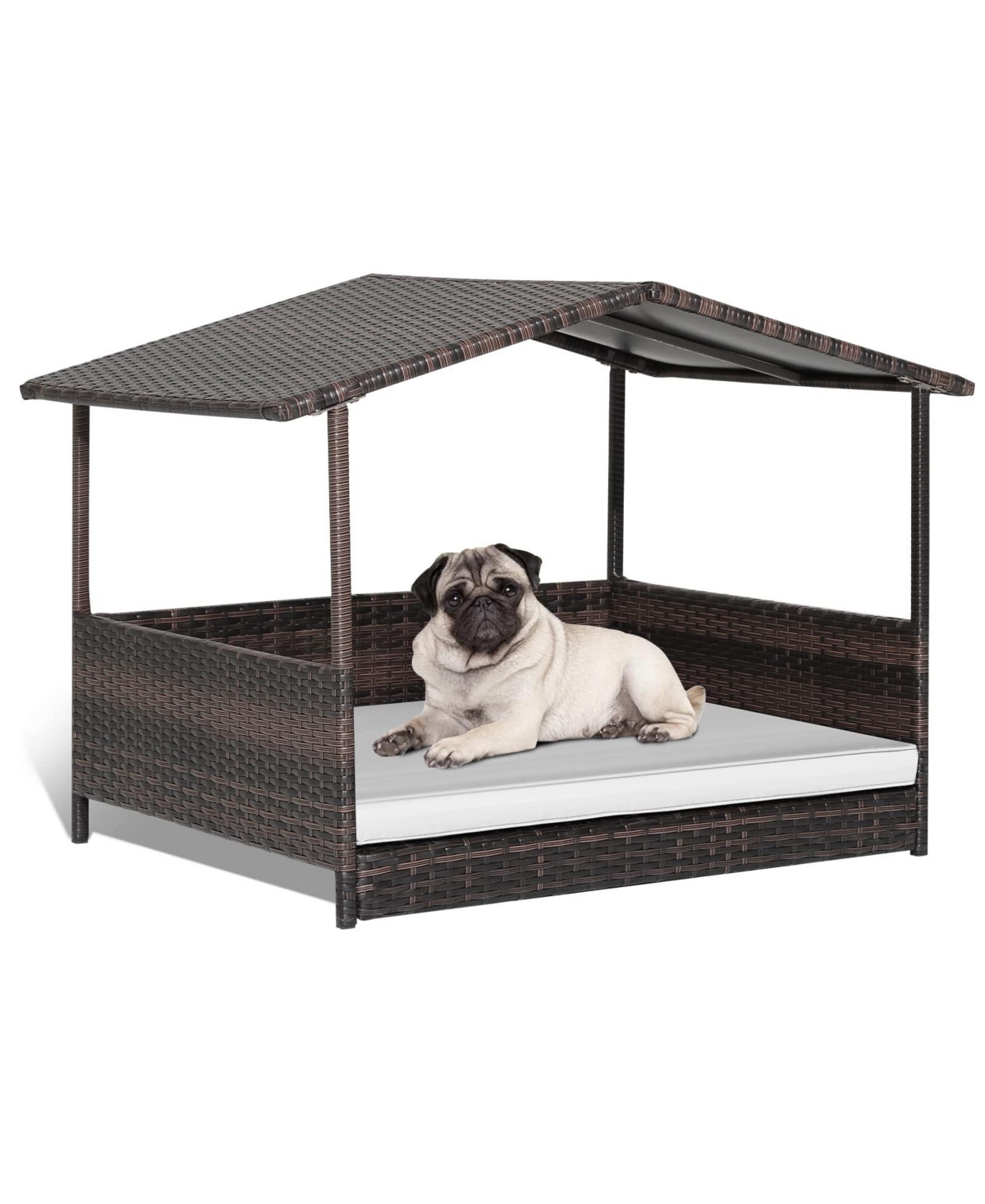 Wicker Outdoor Dog House with Weatherproof Roof - Black